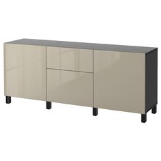 a white and black sideboard with two doors on one side, and three drawers on the other