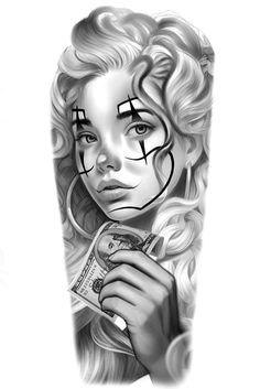 a drawing of a woman with makeup on her face and money in front of her face