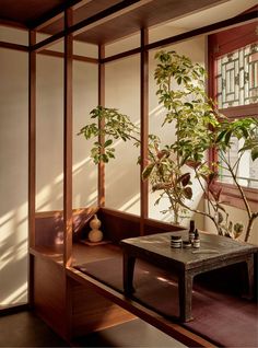 a room with some plants in it and a table next to the window that has a potted plant on it