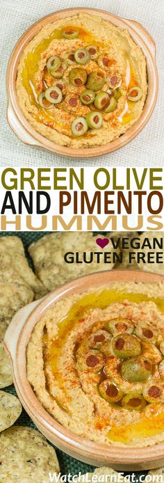 green olives and pimentooni hummus dip is an easy appetizer