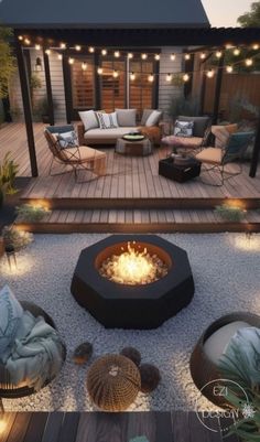 a fire pit sitting on top of a wooden deck