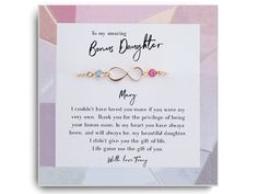 "To my bonus daughter bracelet - Daughter in law Gift Ideas - Jewelry Gift for Stepdaughter - Foster Daughter Adopt Birthday Gift Ideas by Reflection of Memories ♥ The Meaning: The Infinity charm is a symbol of connection, a traditional love symbol that celebrates your eternal connection. A beautiful necklace to symbolize your love and appreciation ♥ Unique Gift: This custom necklace has a beautiful sweet sentiment on it. Honor the infinite connection between you and your loved ones represented by the eternity linked ♥ Occasion: Birthday, Mothers day, Thanksgiving, Christmas, Anniversary, valentine's Day, wedding, easter gift, or as \"just-because\" Gift PRODUCT DETAILS * Delicate Infinity charm 19 x 8mm * Birthstone link 4mm each  * Chain: rolo, 1.5mm wide * Handmade with love in our Wesl Bracelet Daughter, In Law Gift Ideas, To My Bonus Daughter, Gift Ideas Jewelry, Bonus Daughter, Daughter Bracelet, Daughter In Law Gifts, Special Gifts For Her, Infinity Charm