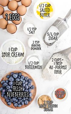 the ingredients to make blueberry muffins are shown