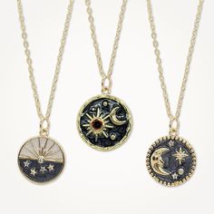 Make a stellar statement everywhere you go. Our Celestial Medallion Necklaces feature a celestial medallion in your choice of design. Pendants measure about .75". 16" gold-plated chain with 2" extender with the option to upgrade to 14K gold dipped. Pendant is gold plated and enamel. Celestial Design, Celestial Necklace, Celestial Jewelry, Star Moon, Medallion Necklace, Jewelry Studio, Gold Dipped, Out Of This World, Stars And Moon