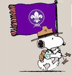 a cartoon character with a purple flag in the background and an image of a dog wearing a hat