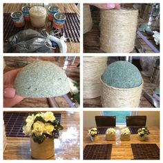 four pictures showing different stages of making a vase with yarn and flowers on the table