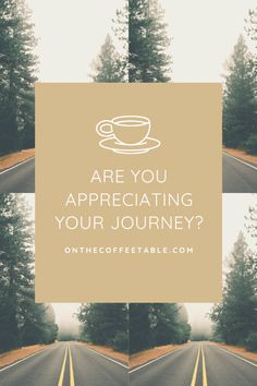 the road is lined with yellow lines and there are trees in the background that says are you appreciating your journey?