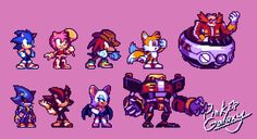 sonic the hedgehog and other characters in pixel art style on a pink background with text