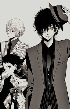 three anime characters in black and white with one wearing a suit, the other an overcoat