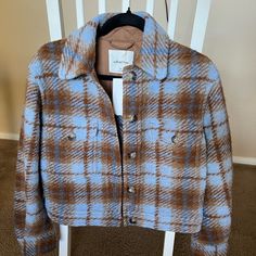 Runs Big, Would Fit Xs Or Even S The Ganna Cropped Shirt Jacket, Ganna Shirt Jacket, Mint Shake, Holiday Chocolate, Country Holiday, Crop Blazer, Open Front Blazer, Wool Blend Jacket, Navy And Brown