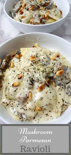 mushroom parmesan ravioli with pine nuts in a white bowl on a marble table