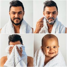 a man is shaving his face with a towel