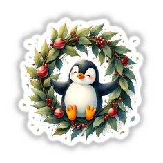 a penguin sitting on top of a christmas wreath with holly leaves and berries around it