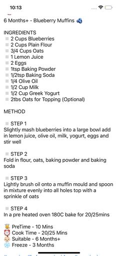 the recipe list for blueberry muffins