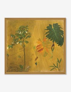 an oil painting with leaves and flowers on a gold background, framed in wood frame