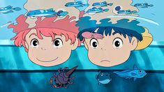 two children looking at fish in an aquarium with bubbles and water behind them, one boy has pink hair and the other is blue