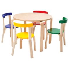 three children's wooden chairs and a table with different colors on the top one