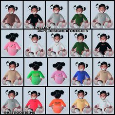 the different types of baby onesies are shown in various colors and sizes, including black hair