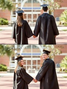 two people in graduation gowns holding hands