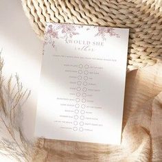 a white paper with blue flowers on it next to a straw hat and wicker basket