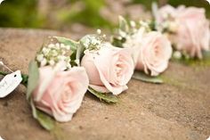 pink roses and baby's breath are laid out on the ground