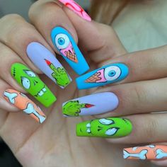 Gorgeous And Colorful Xl Halloween Press On Nails Halloween Pop Art Nails, Pop Art Halloween Nails, Funny Nails Design Hilarious, Neon Halloween Nails, Nails For October, Creepy Halloween Nails, Gel Halloween Nails, Halloween Nail Colors, Shorties Nails