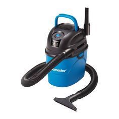 a blue and black vacuum with a hose attached to it