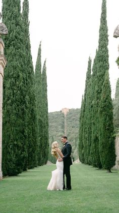 a bride and groom standing in the middle of an outdoor area with tall, slender trees