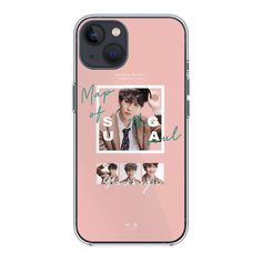 a pink iphone case with an image of btt member on the front and back