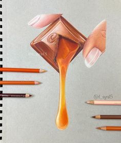 a pencil drawing of a chocolate bar with caramel dripping from it