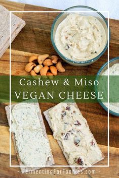 cashew and miso vegan cheese on a wooden cutting board with crackers