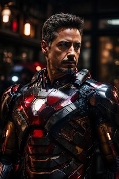 iron man standing in the dark with his hands on his hips and looking off into the distance