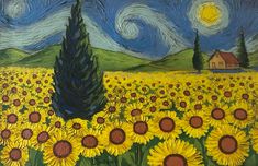 a painting of sunflowers in a field with a barn on the other side