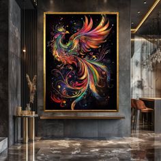 a colorful bird painting hanging on the wall in a room with marble floors and walls