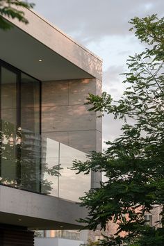 a tall building sitting next to a lush green tree