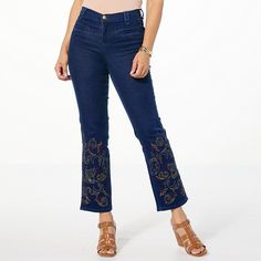 DG2 by Diane Gilman New Classic Stretch Denim Straight-Leg Embroidered Jean  Diane Gilman gave her ever-classic straight-leg jean MVP a chic, fresh makeover with colorful embroidery and a polished trouser-inspired silhouette. However, she kept all of your favorite parts intact, like premium denim fabric with a soft hand feel and great stretch and recovery, a flattering straight leg, and a just-above-the-ankle length to show off your favorite shoes. Luxury Embroidered Straight Leg Jeans, Fitted Dark Wash Embroidered Jeans, Embroidered Non-stretch Denim Pants, Colorful Embroidery, Embroidered Jeans, Premium Denim, New Classic, Soft Hand, Denim Fabric