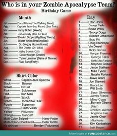 a red and white poster with the words who is in your zombie apocalypse team?