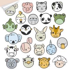 various animal faces stickers are shown on a piece of paper with the same design