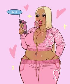 a drawing of a woman in pink holding a drink and talking on a cell phone