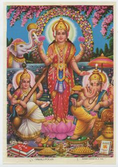 Diwali Pooja. Lakshmi, Saraswati & Ganesh. Subash Calendar Co., Delhi. Vintage print, 1960/70's. Image clean & good. Some light age wear to border. Paper size 9.35 by 6.5 inches. $4 domestic shipping, overseas $18. Flat rate for any number of prints. Diwali Pooja, Durga Ji, Pictures Of Shiva, Hanuman Images, Hinduism Art, Lord Krishna Images