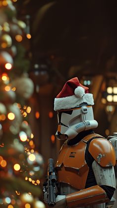 a star wars christmas scene with a stormtrooper dressed as darth vader