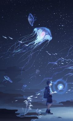 a girl looking at jellyfish floating in the night sky with her hand on her hip