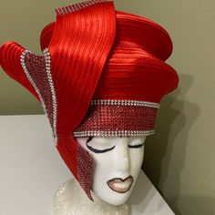 Beautifully Embellished With Clear And Red Rhinestones. See Pics And Please Take Time To Look At All Of The Hats In My Collection. Red Fitted Hat For Formal Occasions, Formal Fitted Red Hat, Elegant Red Hat For Evening, Elegant Red Church Hat, Fitted Red Hat For Church, Formal Fitted Embellished Hat, Embellished Fitted Party Hat, Church Suits And Hats, Red Hat Society