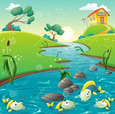 cartoon scene with fish in the river and house on the hill - animals characters'illustrations