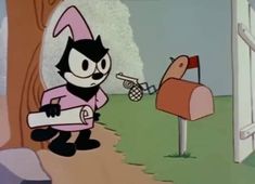 a cartoon cat is holding a piece of paper in front of a mailbox with a bird on it