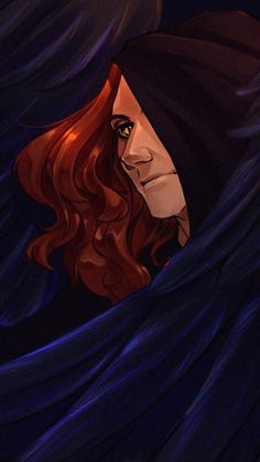 a man with long red hair is looking out from behind some dark blue cloths