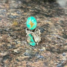 Amazing Setting And Stones In This Gorgeous Ring. Expertly Executed Sterling Leaf And Flower Surround The Two Stones In This Ring. One Polished Royston Stone Juxtaposed To A Raw Stone Is Quite The Statement! I’d Describe The Color As The Perfect Shade Of Rich Turquoise Blue. There Are No Markings On The Ring But Has Been Tested As Sterling. Measurements In Photos Navajo Artisan Statement Vintage Gorgeous Ring, Royston Turquoise, Raw Stone, Womens Jewelry Rings, Turquoise Blue, Two By Two, Womens Sizes, Women Jewelry, Size 6