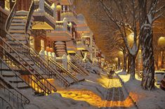 a painting of a snowy street with stairs and cars