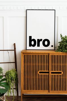 a wooden cabinet sitting next to a plant on top of a hard wood floor