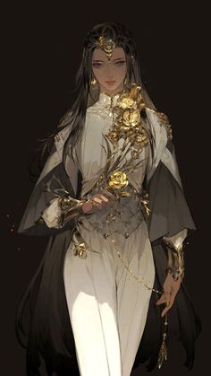 a woman dressed in white and black with gold accents